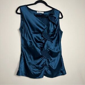 Melanie Lyne Teal Satin Ruffle Sleeveless Blouse size medium.